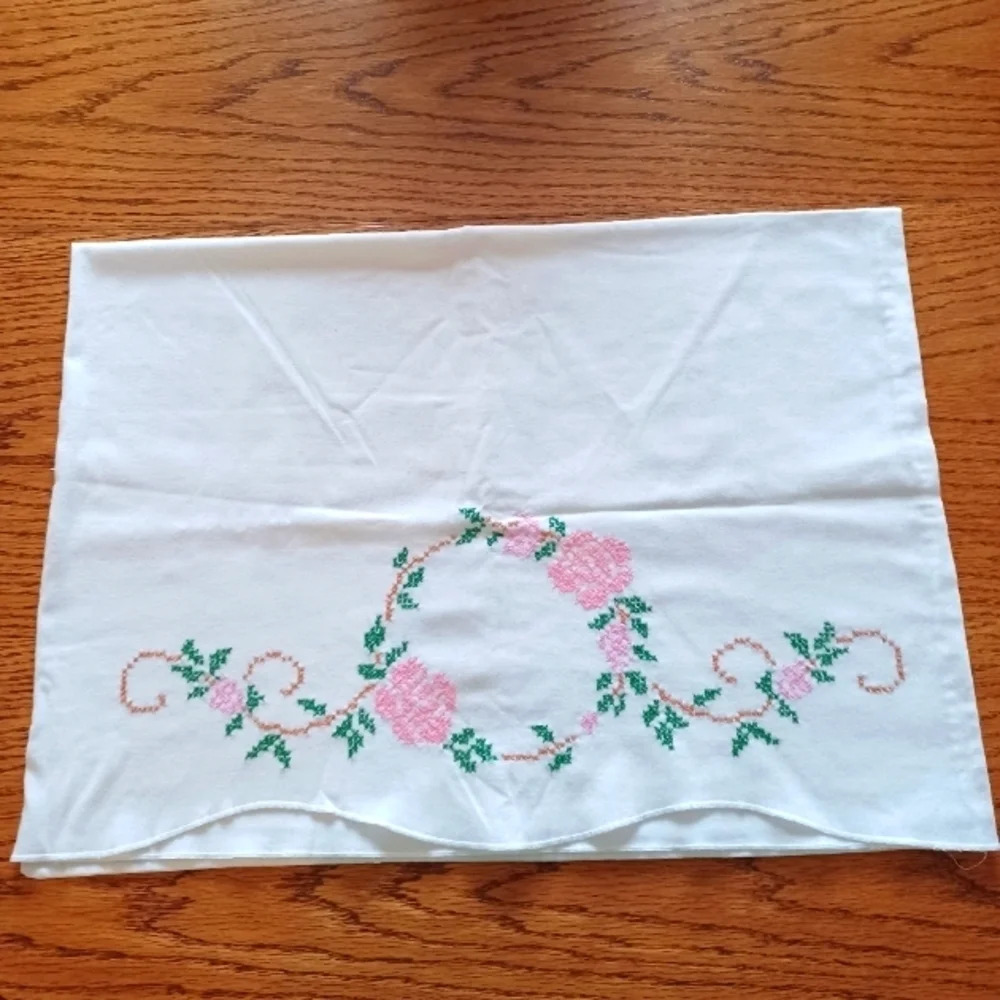 Vintage pillow case with cross stitch one full size